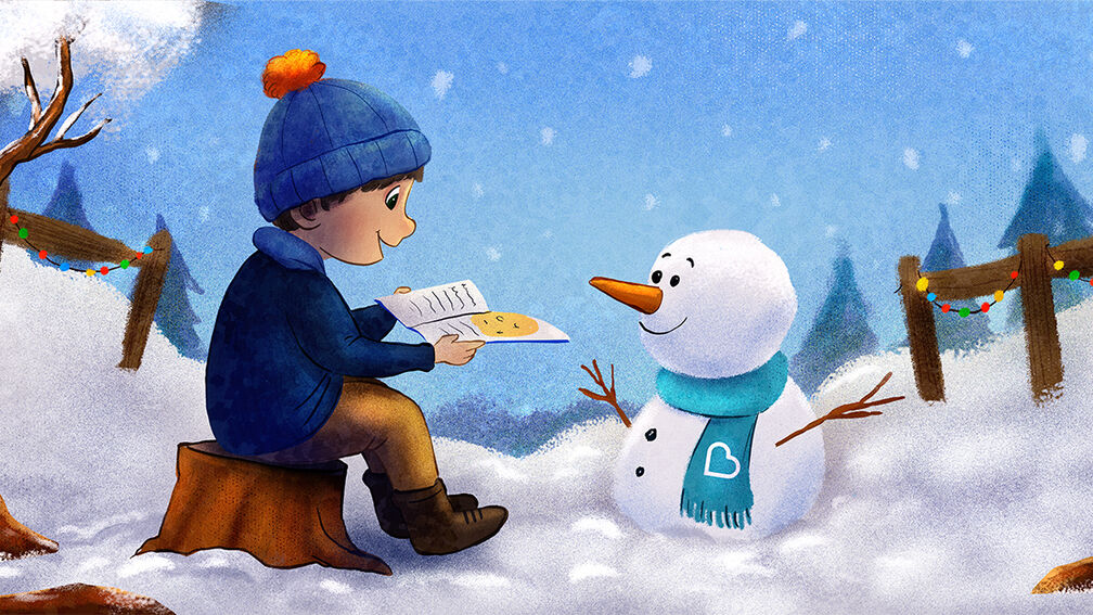 An illustration of a boy reading a story to a smiling snowman