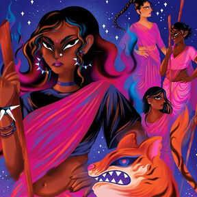 An illustration from the front cover of Roar, featuring a woman looking determined, with other women behind her and a tiger growling next to her