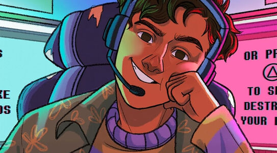 An illustration from the front cover of What Happens Online, a child smiling and leaning their head on their hand while sitting in a gaming chair and wearing a headset