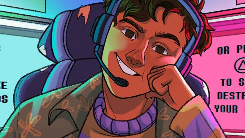 An illustration from the front cover of What Happens Online, a child smiling and leaning their head on their hand while sitting in a gaming chair and wearing a headset