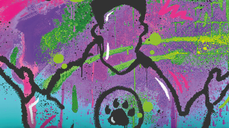 An illustration from the front cover of Steady For This, featuring a graffiti-style outline of a child wearing a hoodie with a pawprint on it, shrugging