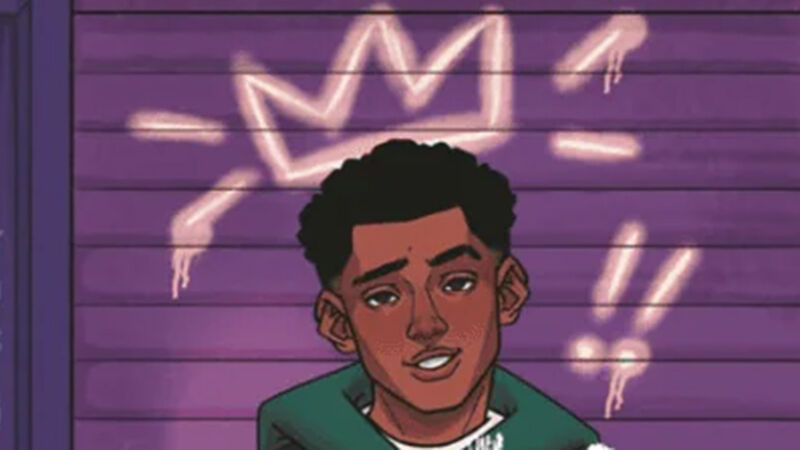 An illustration from the front cover of King of Nothing - a child standing against a garage door underneath a graffiti illustration of a crown