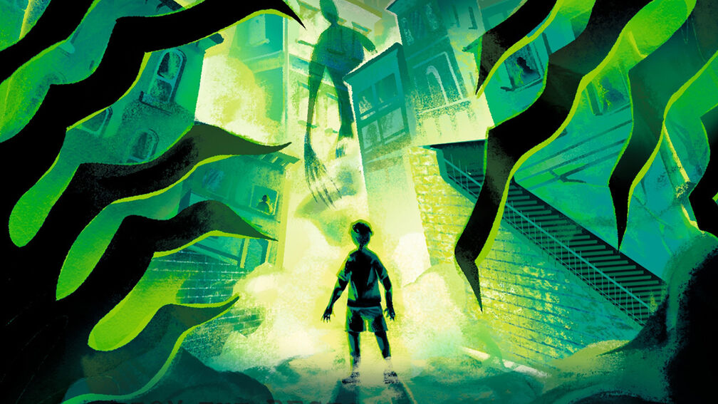An illustration from the front cover of Fear Files: Hide and Seek featuring a child standing looking up at a huge monstrous figure as finger shapes surround him