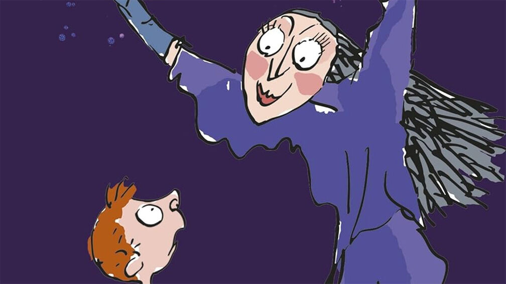 An illustration of a witch towering over a scared looking boy
