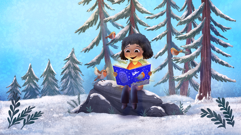 A young girl is sat in a snowy forest surrounded by robins as she reads a book about robins.