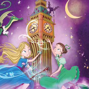 An illustration from the front cover of Witchlight - two girls in dresses swirling magically around a clock tower at night-time, with the moon and stars in the sky, as dragons fly nearby