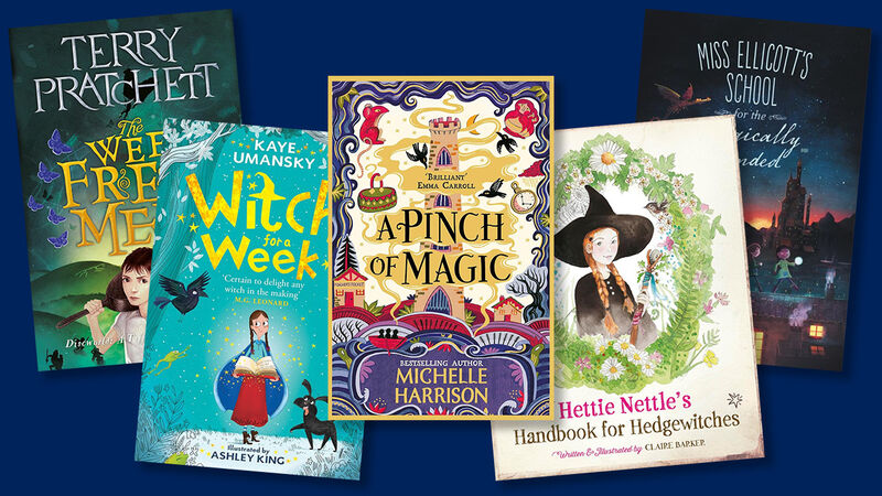 The front covers of The Wee Free Men, Witch for a Week, A Pinch of Magic, Hettie Nettle's Handbook for Hedgewitches, and Miss Ellicott's School for the Magically Minded