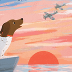 Illustration of a brown and white dog looking up at war planes against an orange and pink sunset