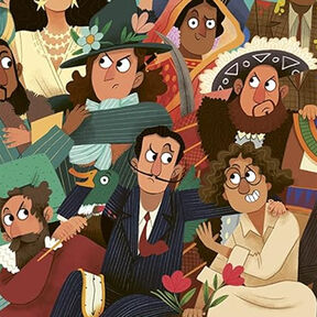 An illustration of a group of historical figures all looking annoyed from the front cover of History's Biggest Show-Offs