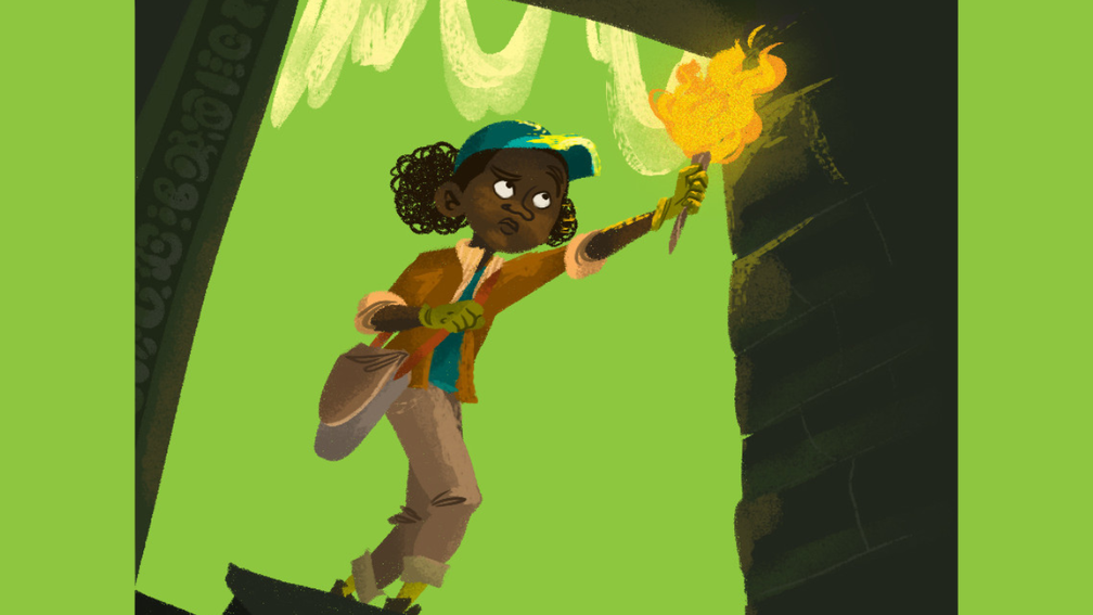 Illustration of a girl bravely entering a cave holding a fire torch ahead of her, with a lime green background.