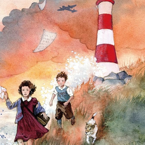 Two children and a dog running along the coast with a red and white striped lighthouse in the background and the shadow of warplanes in the sky.
