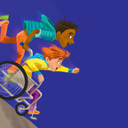 An illustration of a boy pushing his friend in a wheelchair. The boy in the wheelchair has an arm outstretched triumphantly and both boys are grinning.
