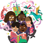 An illustration of five children excitedly gathered around a book, while colourful fantasy creatures in the background.