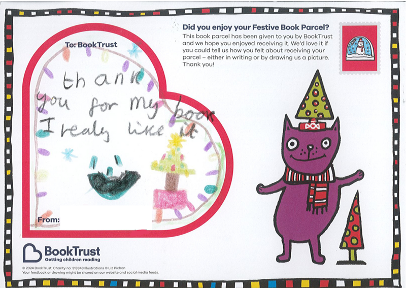 A handwritten message from a child, saying "thankyou for my book I really like it."