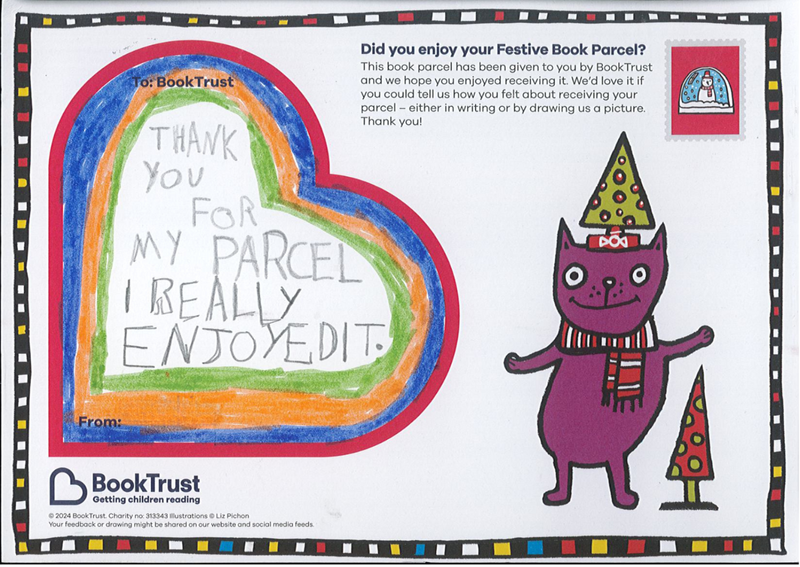 A handwritten message from a child saying "Thank you for my parcel I really enjoyed it"