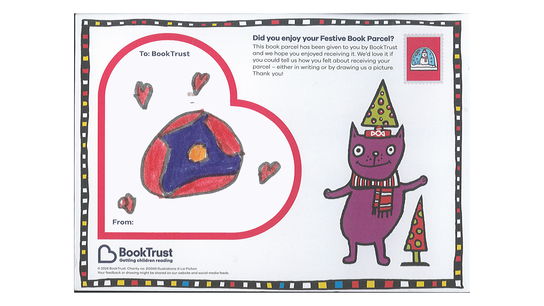 A child's drawing of a flower, on the back of a postcard.