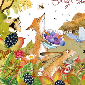 An illustration of a fox, bumblebee and hare surrounded by a blackberry hedgerow