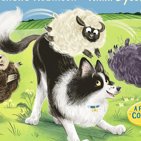 An illustration of a black and white sheep dog happily playing with sheep