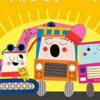 An illustration of colourful trucks on a yellow background