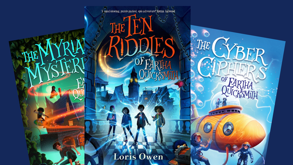 Three book covers on a navy blue background