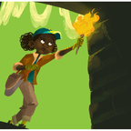 An illustration of a girl bravely entering a cave, holding a flaming torch ahead of her.