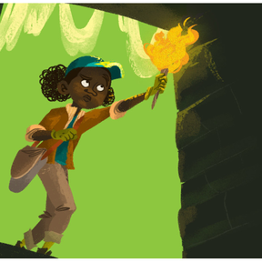 An illustration of a girl bravely entering a cave, holding a flaming torch ahead of her.