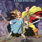 An illustration of a boy and girl wearing capes and clutching swords, surrounded by shadowy figures