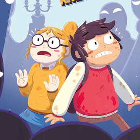 An illustration of two scared children standing back to back, surrounded by shadowy figures