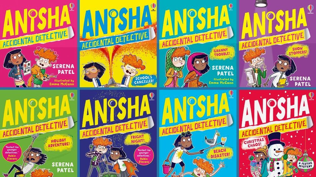 The front cover of Anisha Accidental Detective and the other books in the series Schools Cancelled Granny Trouble Show Stoppers Holiday Adventure Fright Night Beach Disaster and Christmas Chaos