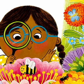 An illustration from the front cover of The Great Pollination Investigation - a girl wearing glasses peering through a magnifying glass at a bee on a flower in front of her; there are also flowers surrounding her