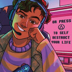An illustration from the front cover of What Happens Online - a teenage boy wearing a gaming headset and holding a controller, smiling as he props his head up on his hand