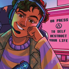 An illustration from the front cover of What Happens Online - a teenage boy wearing a gaming headset and holding a controller, smiling as he props his head up on his hand
