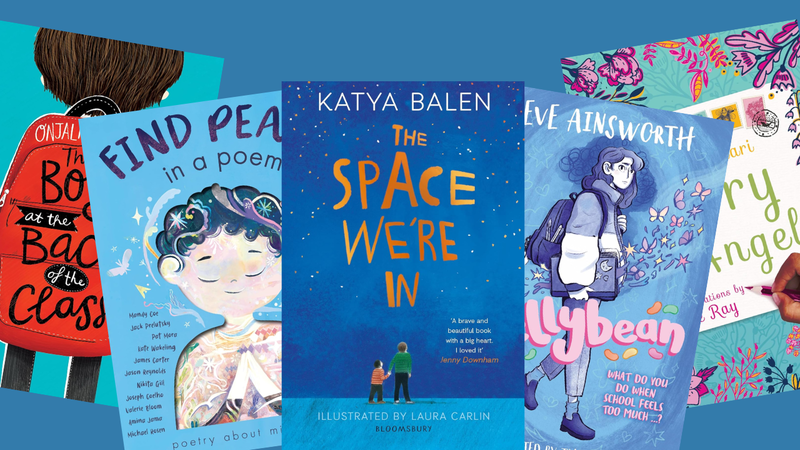 Five book covers on a light blue background