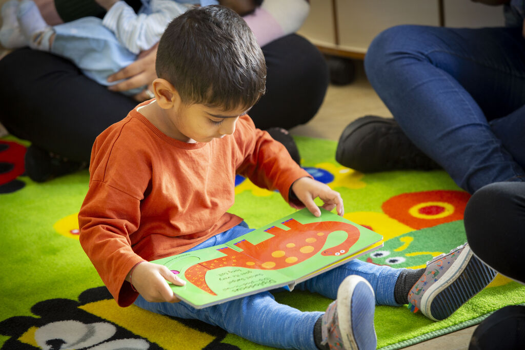 A small boy engrossed in reading a picture book by himself