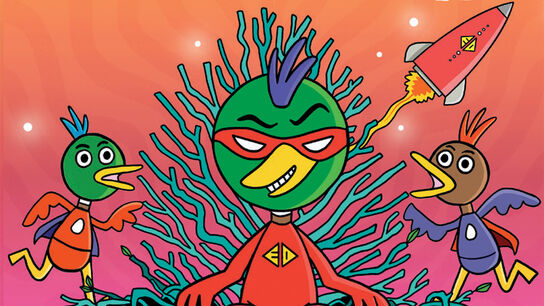 An illustration from the front cover of Evil Duck and the Nest of Destiny - a duck smirking while sitting on a big nest; two other ducks look annoyed in the background while a rocket blasts off