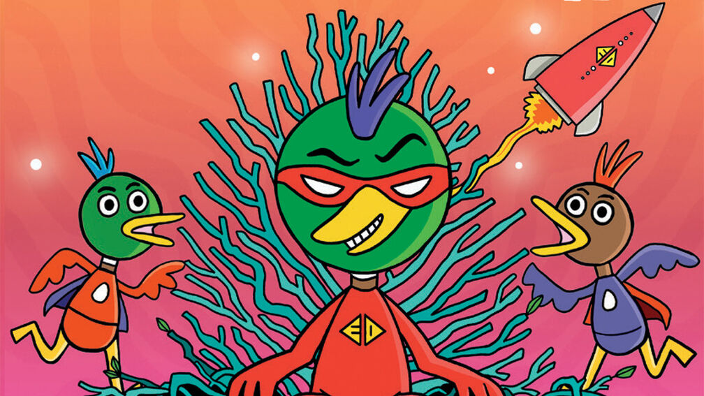 An illustration from the front cover of Evil Duck and the Nest of Destiny - a duck smirking while sitting on a big nest; two other ducks look annoyed in the background while a rocket blasts off