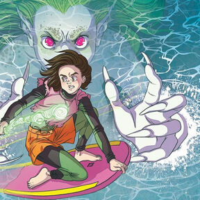 An illustration from the front cover of Tamsin and the Deep - a girl riding on a body board holding a glowing stick as a figure with red eyes emerges from the water below her