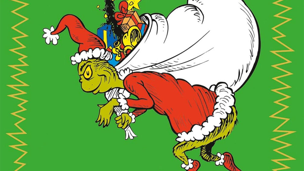 An illustration from the front cover of How The Grinch Stole Christmas - a green creature smirking in an evil way while wearing a Santa outfit and holding a big sack of toys and presents over his shoulder