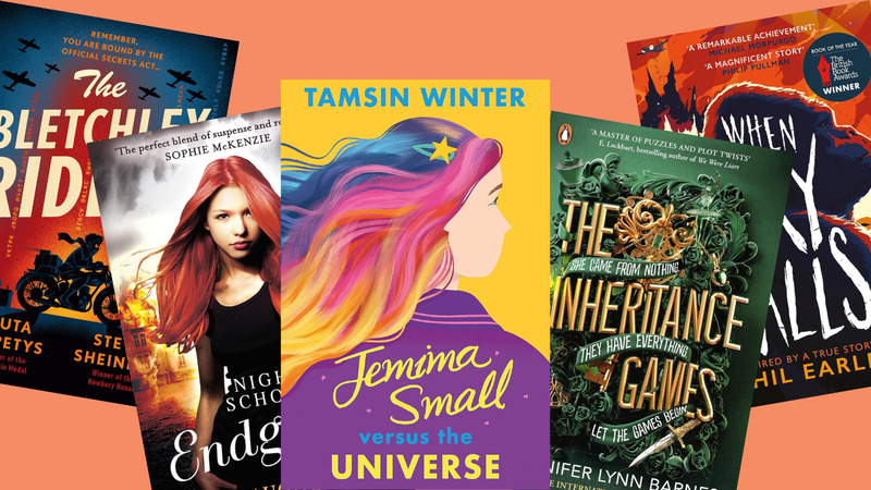 The front covers of The Bletchley Riddle, Night School: Endgame, Jemima Small Versus the Universe, The Inheritance Games, and When The Sky Falls