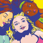 An illustration from the front cover of Three Girls: three teenage girls lying on the floor; one has their eyes closed, one is looking up to the sky, and one is looking at one of the others