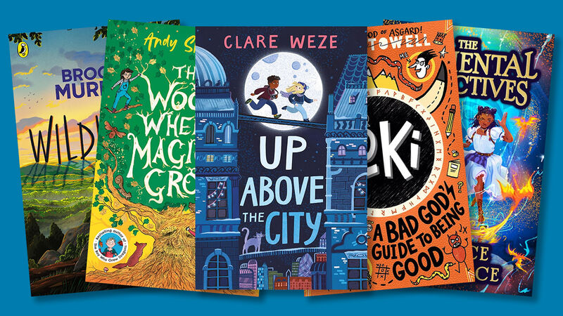 The front covers of Wildlands, The Wood Where Magic Grows, Up Above the City, Loki: A Bad God's Guide to Being Good, and The Elemental Detectives