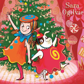 An illustration of a girl and a dog dancing in front of a Christmas tree from the front cover of The Muttcracker