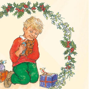 An illustration of a boy hugging a dog toy, with gifts at his feet and surrounded by holly and mistletoe, from the front cover of Dogger's Christmas