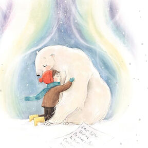 An illustration from the front cover of Where Bjorn Belongs - a boy in a hat and scarf smiling while hugging a smiling polar bear, with magical lights and colours swirling around them; a letter to Santa lies nearby