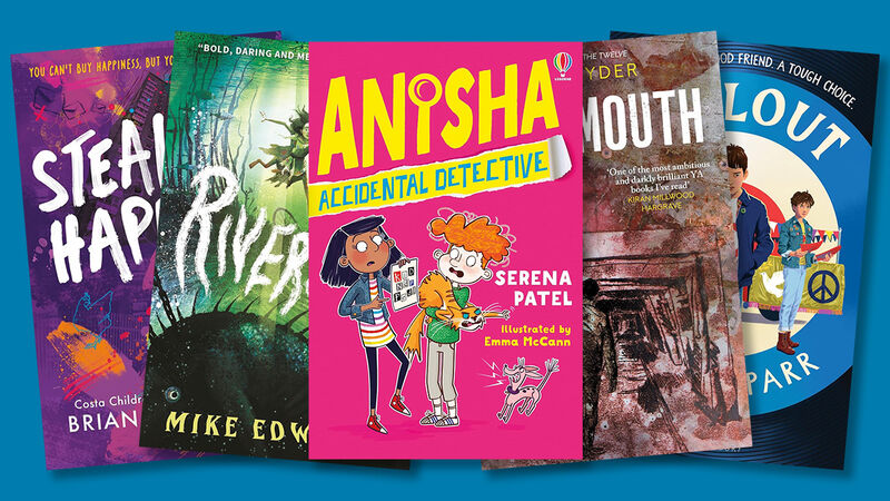 The front covers of Stealing Happy, Riverskin, Anisha Accidental Detective, Bearmouth, and Fallout