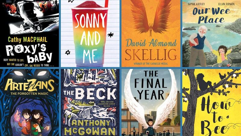 The front covers of Roxy's Baby, Sonny and Me, Skellig, Our Wee Place, Artezans, The Beck, The Final Year, and How to Bee