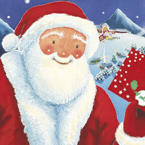 An illustration from the front cover of Dear Father Christmas of a smiling Father Christmas holding a red envelope; the background is a snowy mountainous scene.