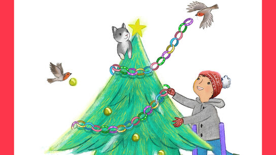 An illustration of a child, robins and cat decorating a Christmas tree together