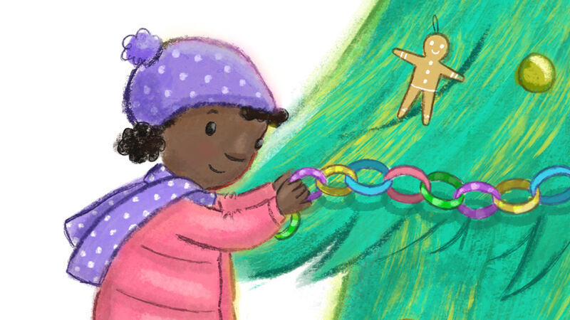 An illustration of a girl in a hat and scarf decorating a Christmas tree