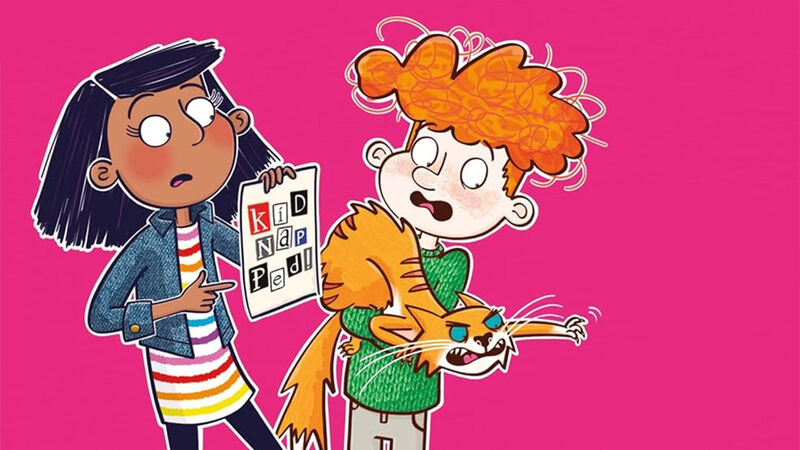 An illustration from the front cover of Anisha Accidental Detective: A girl looking worried while holding up a ransom note reading 'kidnapped', as a child looks anxious while holding a yowling cat